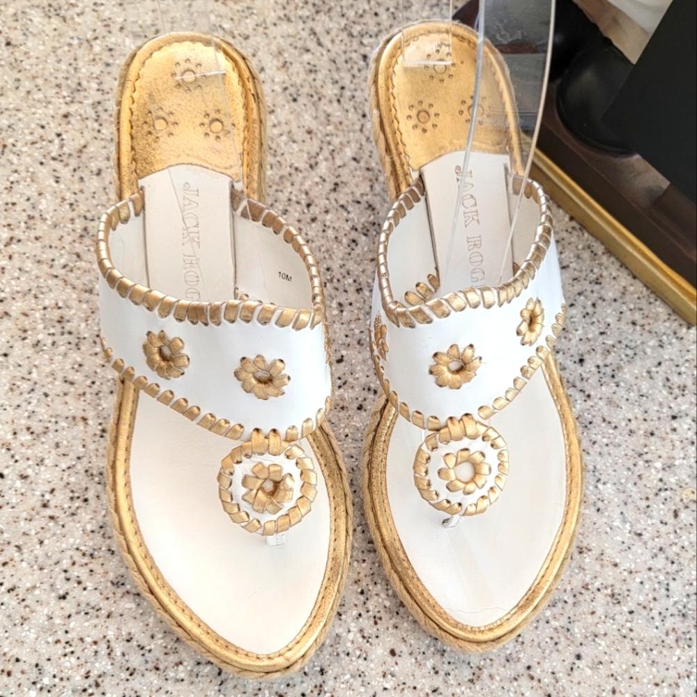 JACK ROGERS White Leather Wedge Sandals 10 - Picture 2 of 9